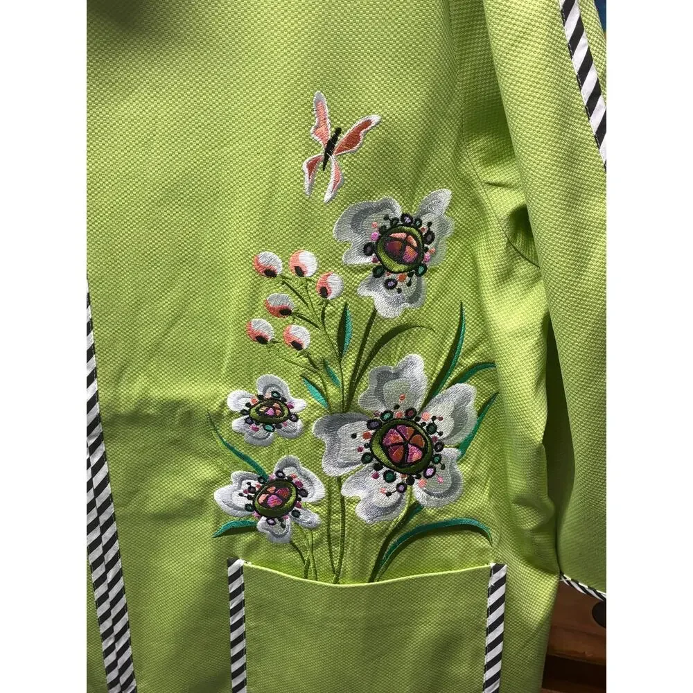 Bob Mackie Wearable Art Embroidered Floral Jacket Green Zip Front Women's 1X
